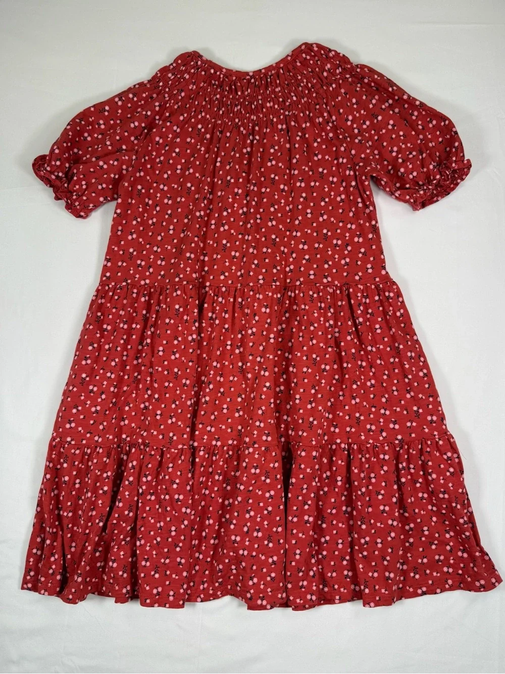 OLD NAVY Girls Smocked Tiered Dress Floral Puff Sleeve Coral Pink XL 14-16